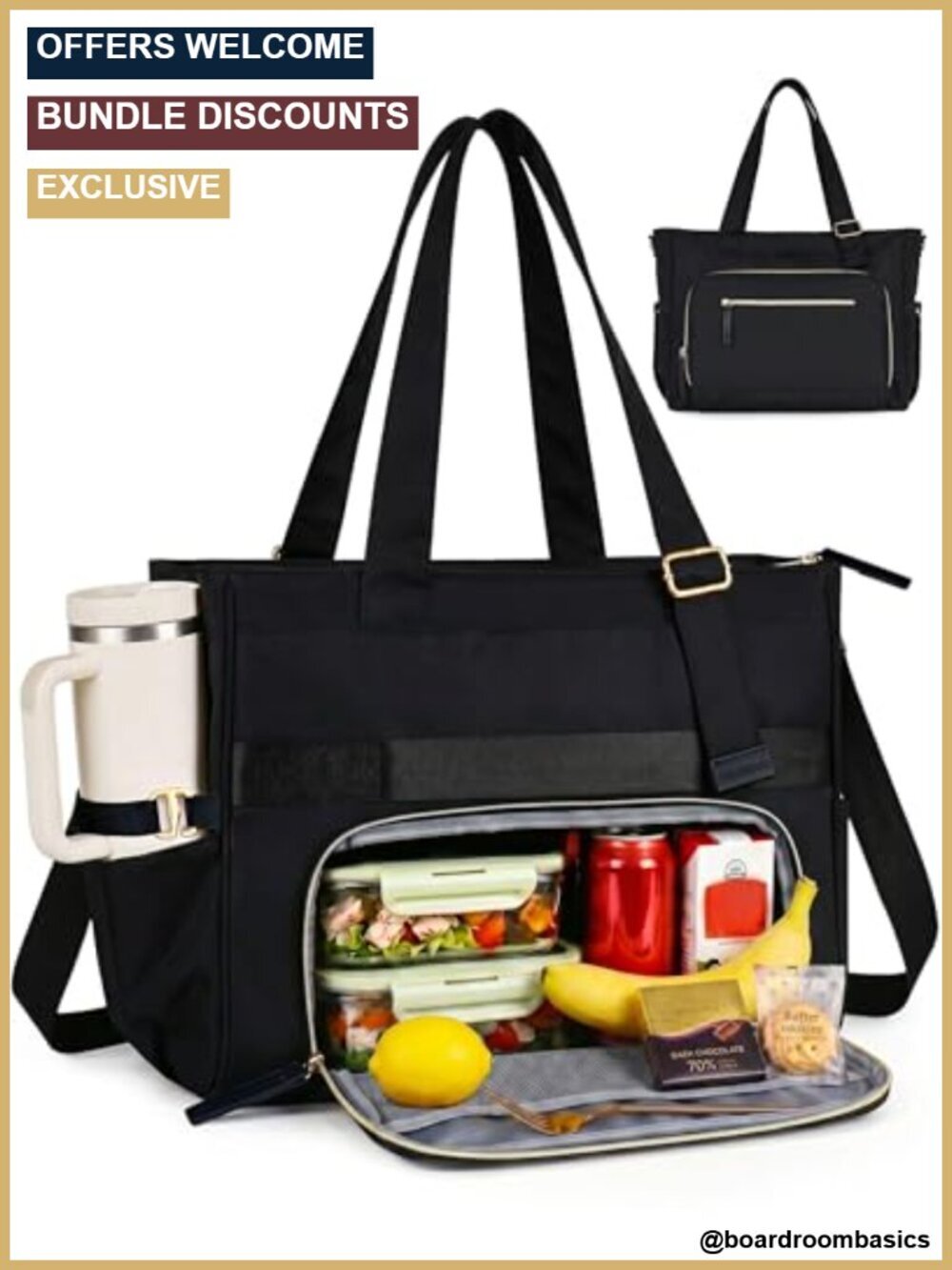 24.5L Large Work Tote Lunch Bag for Women, Fits 15.6" Laptop Black